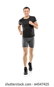 Full length portrait of a male athlete running isolated on white background