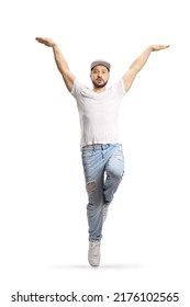 Full Length Portrait Of A Male Dancer In Jeans And White T-shirt Dancing Isolated On White Background