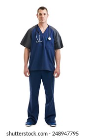 Full Length Portrait Of A Male Nurse Or Medical Technician With Stethoscope Wearing Scrubs Isolated On A White Background