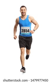 Full Length Portrait Of A Male Runner On A Marathon Isolated On White Background