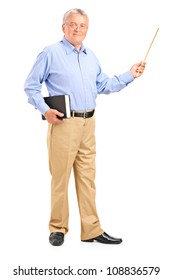 Full Length Portrait Of A Male Teacher Holding A Wand And Book Isolated On White Background