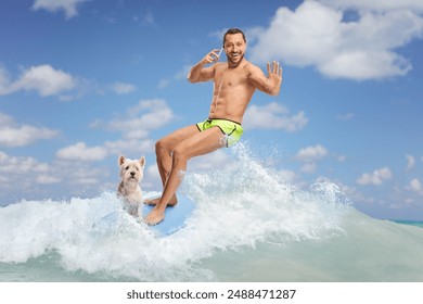 Full length portrait of a man with a dog riding a surfboard in the sea and making a phone call - Powered by Shutterstock