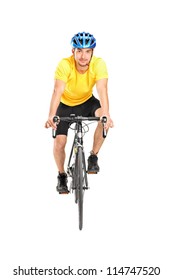 Full Length Portrait Of A Man With Helmet Riding A Bycicle Isolated Against White Background