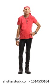 Full length portrait of a man with a red scarf on his head and leather pants isolated on white background