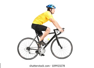 Full Length Portrait Of A Man Riding A Bycicle Isolated Against White Background