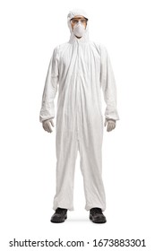 Full Length Portrait Of A Man In A White Hazmat Suit And Mask Isolated On White Background