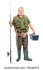 Full Length Portrait Of A Mature Fisherman Holding A Fishing Equipment Isolated On White Background