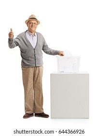 Full length portrait of a mature man voting and making a thumb up gesture isolated on white background