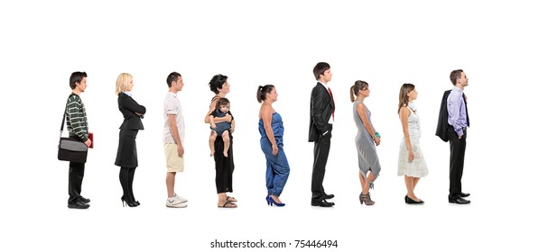 Full Length Portrait Of Men And Women Standing Together In A Line Isolated On White Background