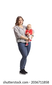 Full Length Portrait Of A Mother Holding Her Baby Isolated On White Background