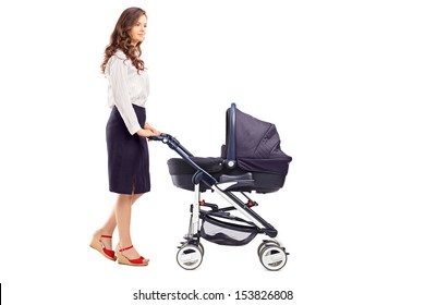 Full Length Portrait Of A Mother Pushing A Baby Stroller, Isolated On White Background