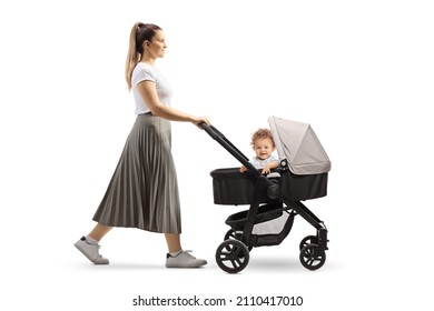 Full length portrait of a mother walking a cute baby boy in a stroller isolated on white background