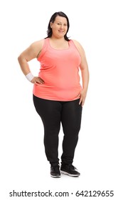 Full length portrait of an overweight woman dressed in sportswear isolated on white background