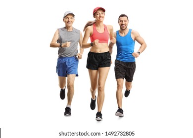 Full Length Portrait Of People Running A Race Isolated On White Background