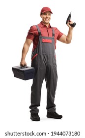 Full length portrait of a repairman with a tool box and a drill isolated on white background - Shutterstock ID 1944073180
