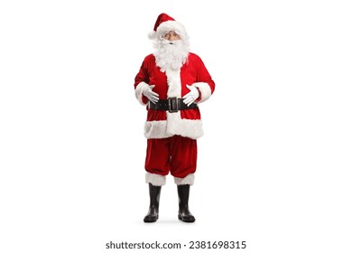 Full length portrait of santa claus standing with hands on his belly isolated on white background  - Powered by Shutterstock