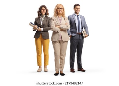 Full Length Portrait Of A School Principal And Male And Female Teacher Holding Books Isolated On White Background