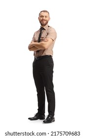 Full Length Portrait Of A Security Guard Posing With Crossed Arms And Smiling Isolated On White Background