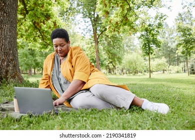 Full Length Portrait Of Senior Black Woman Using Laptop Outdoors While Enjoying Picnic On Green Grass In Park, Copy Space