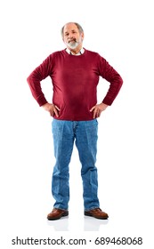 Full Length Portrait Of Senior Caucasian Man Standing With His Hands On Hips Against White Background