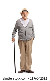 Full Length Portrait Of A Senior Man Standing With A Cane Isolated On White Background