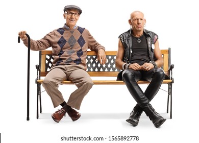 Full length portrait of a senior man with a cane and a punk man sitting on a bench isolated on white background - Powered by Shutterstock