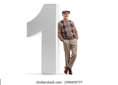 Full Length Portrait Of A Senior Man Leaning On A Big Number One Isolated On White Background