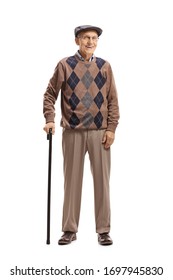 Full Length Portrait Of A Senior Man Standing With A Walking Cane And Smiling At The Camera Isolated On White Background