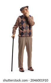 Full Length Portrait Of A Senior Man With A Walking Cane Standing And Thinking Isolated On White Background