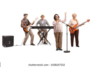 Full length portrait of senior people playing in a band an an elderly lady singing on a microphone isolated on white background