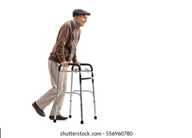 Full length portrait of a senior using a walker isolated on white background