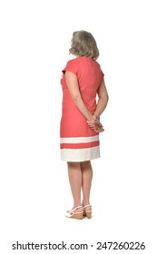 Full Length Portrait Of Senior Woman In Red Dress,back View On White Background