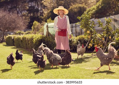 Full Length Portrait Of A Senior Woman Smiling At The Camera Outdoors In Her Sunny Backyard, Feeding Her Group Of Healthy Free Range Chickens On Her Urban Farm Plot