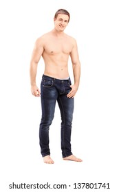 Full Length Portrait Of A Shirtless Handsome Guy Looking At Camera Isolated On White Background