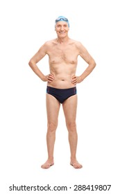 Full Length Portrait Of A Shirtless Senior In Black Swim Trunks And Blue Swimming Cap Looking At The Camera And Smiling Isolated On White Background