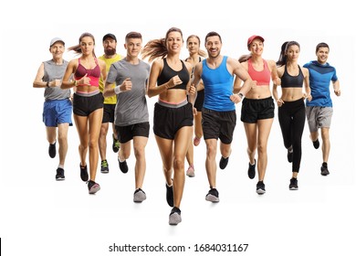 Full Length Portrait Shot Of Many Young And Older People Running In Sportswear Isolated On White Background