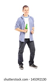 Full Length Portrait Of A Smiling Guy Holding A Beer Bottle Isolated On White Background