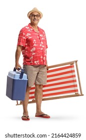 Full Length Portrait Of A Smiling Mature Man Holding A Beach Chair And A Portable Mini Fridge Isolated On White Background