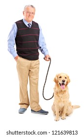 Full Length Portrait Of A Smiling Senior Man Posing With His Pet Isolated On White Background