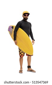 Full Length Portrait Of A Surfer In A Wetsuit Holding A Surfboard Isolated On White Background