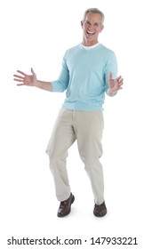 Full Length Portrait Of Surprised Mature Man Gesturing Isolated Over White Background