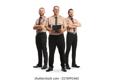 Full Length Portrait Of Team Of Security Guards In Uniforms Isolated On White Background