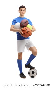 Full length portrait of a teenage athlete with different kinds of sports balls isolated on white background