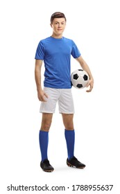 Full Length Portrait Of A Teenager Soccer Player With A Ball Under Arm Isolated On White Background