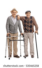 Full Length Portrait Of Two Elderly Men With A Walker And A Cane Isolated On White Background 