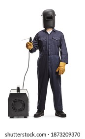 Full length portrait of a welder in a uniform with a welding generator isolated on white background