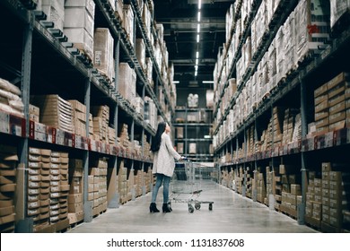 Full Length Portrait Of A Woman With Empty Cart Looking For Furniture At Warehouse. Back View