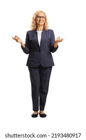 Full Length Portrait Of A Woman Explaining Something With Hands Isolated On White Background