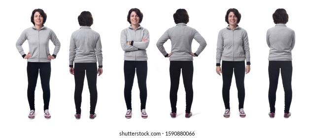 Full Length Portrait Of A Woman Front And Back On White Background