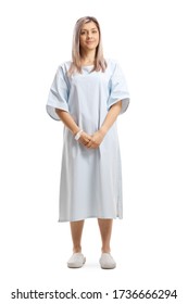 Full Length Portrait Of A Woman Wearing A Patient Gown Isolated On White Background